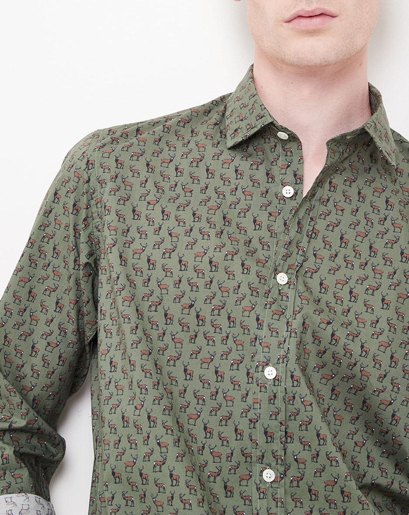Hartford Chemise Slim Sammy imprimé cerf kaki/marron