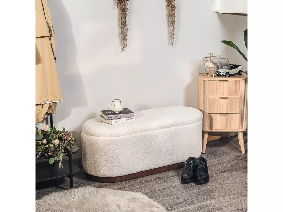 Banc avec rangement en bouclettes blanches