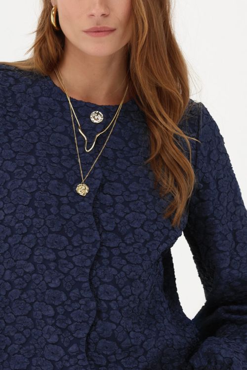 Donkerblauwe jacquard top met knoopsluiting