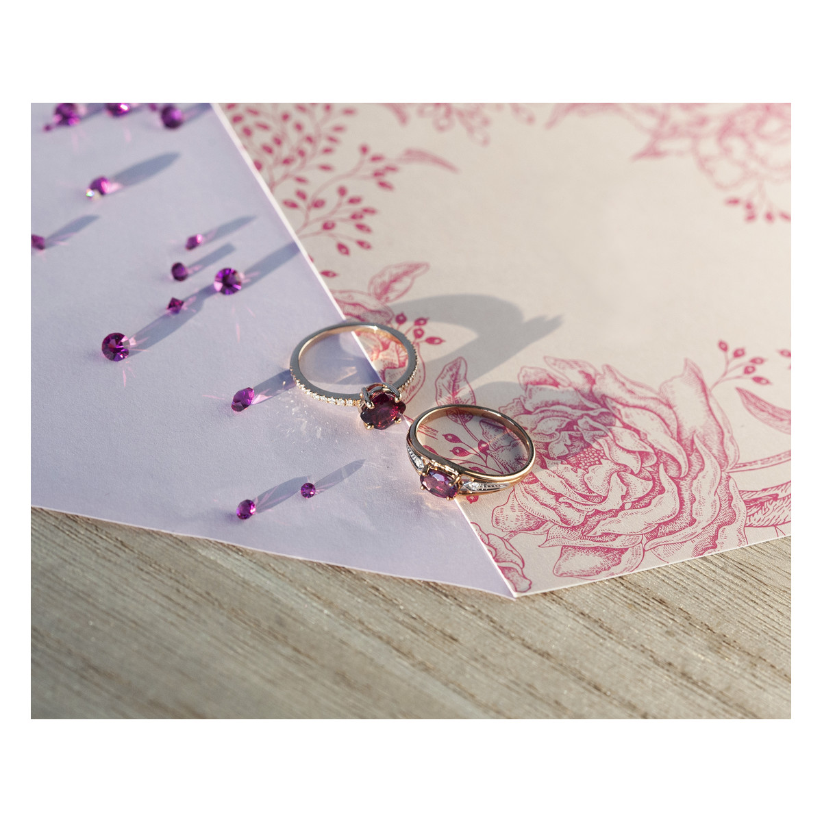 Bague or 375 rose grenat rhodolite et diamants