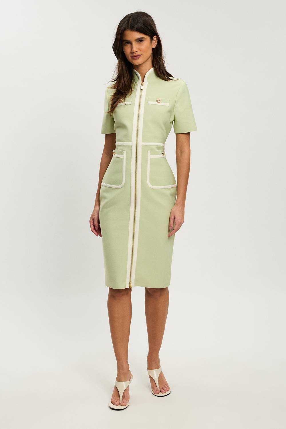 KarenMillen Robe Midi Militaire Moulante Petite Taille En Maille Bandage Avec Détails De Passepoil Et Manches Courtes