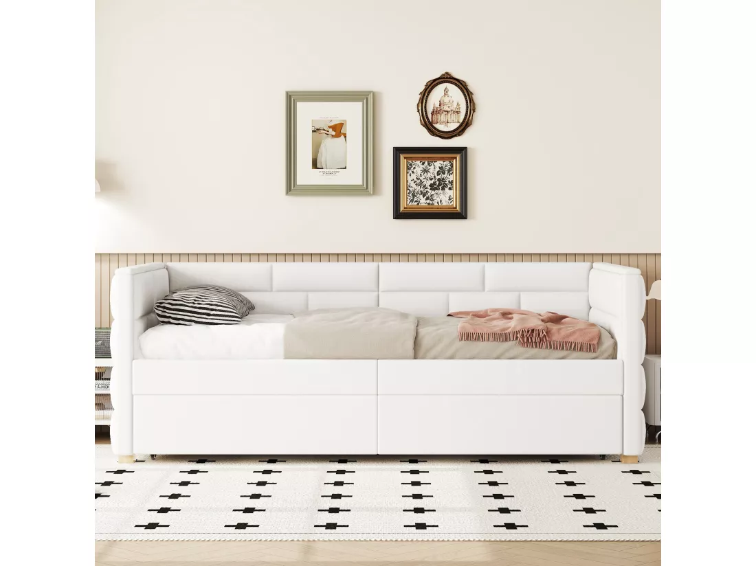 Lit banqueet avec lit gigogne 90x190/200cm - en tissu lin - Beige