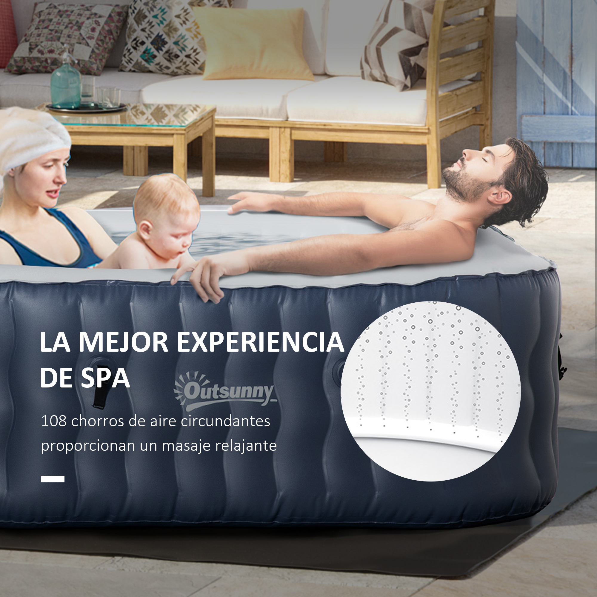 Spa inflável quadrado Outsunny para 4 pessoas, 930L, banheira de hidromassagem externa, 180x180x68 cm, com 108 jatos de massagem, controle remoto e capa protetora - Azul