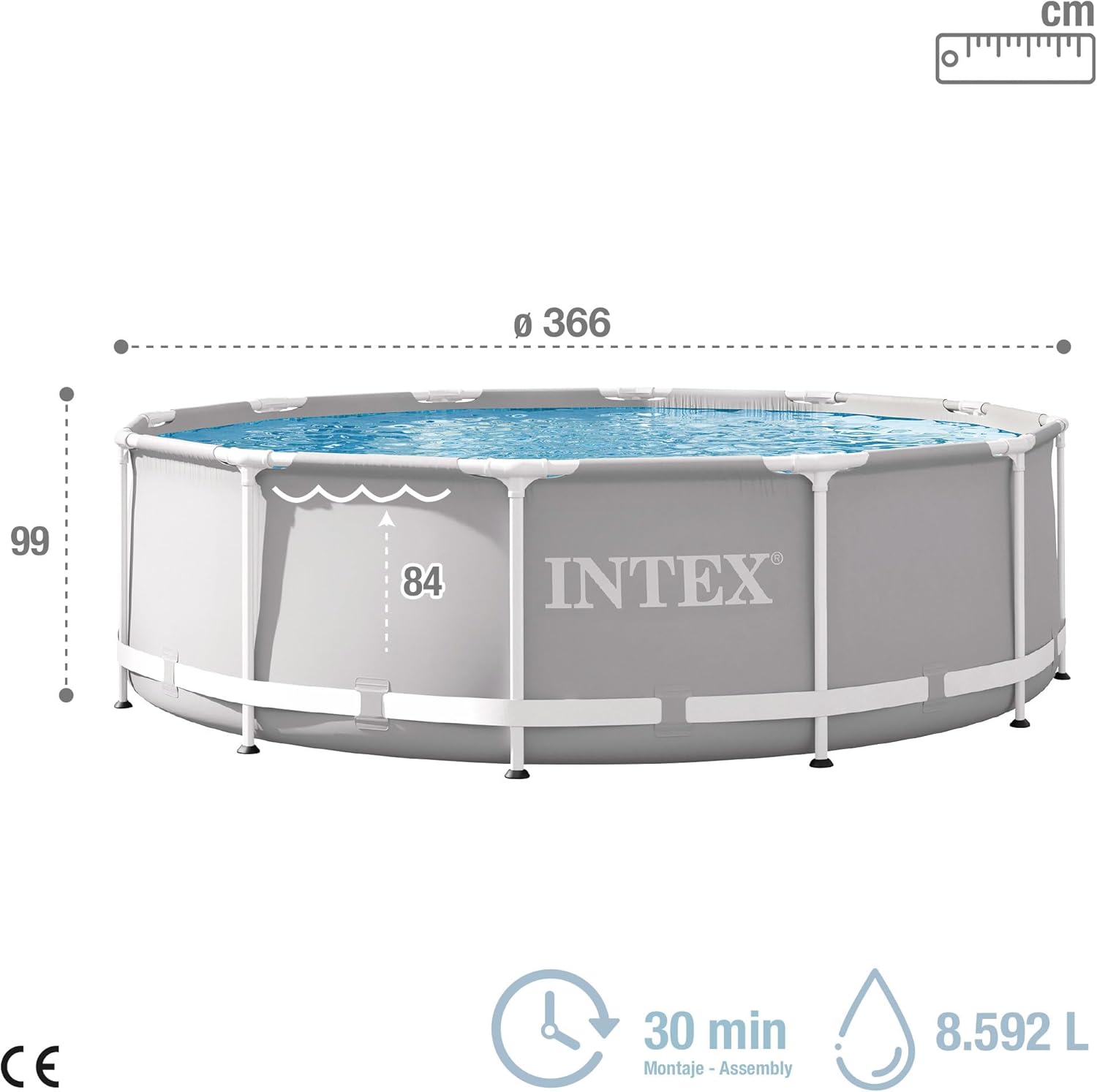 Intex 26716NP – Aufstellpool Prism Frame Rund, Filterpumpe 2006 L/h, Leiter, 8592 L, Stahl und PVC, Grau, 366x99 cm
