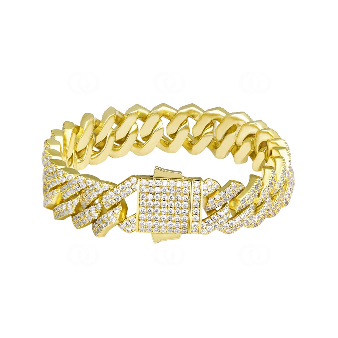 15mm Prong Cuban Link Panzerarmband Gelb vergoldet mit Zirkonia