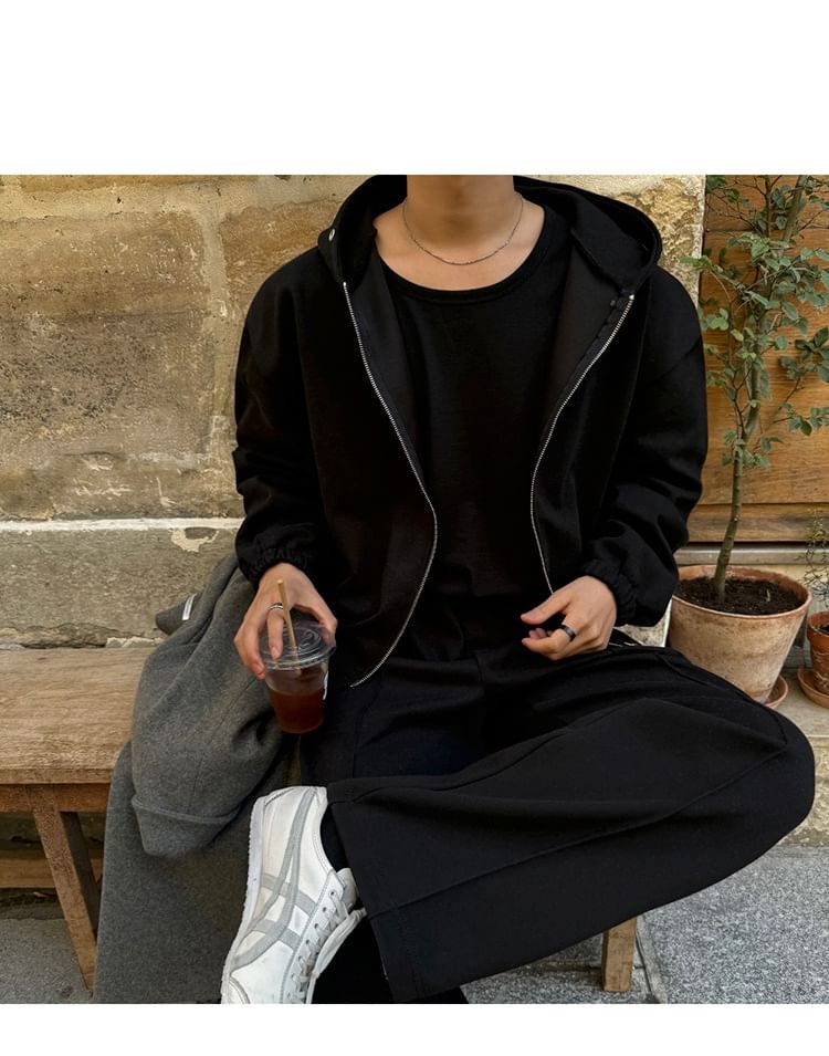 Omozando - Effen hoodie met rits / Elastische taille, rechte pijpen, joggingbroek