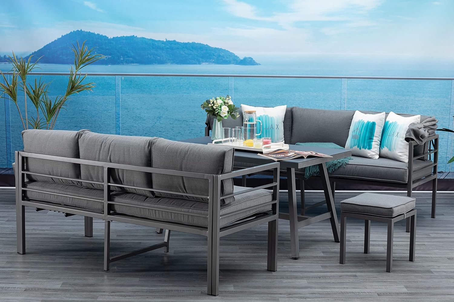 Mandalika Garden Hohe Dining Aluminium Lounge Newport, 3 in 1 mit Sonnendach und verstellbaren Kopfteilen/Garten Sitzgruppe