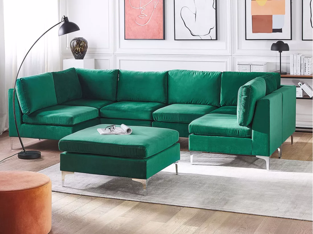 Canapé panoramique modulable en velours vert 6 places avec pouf EVJA
