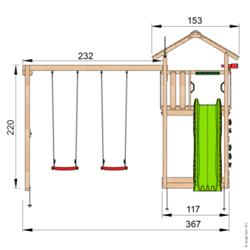 Speeltoestel Jungle Gym Cottage douglas met glijbaan groen en 2-schommel module