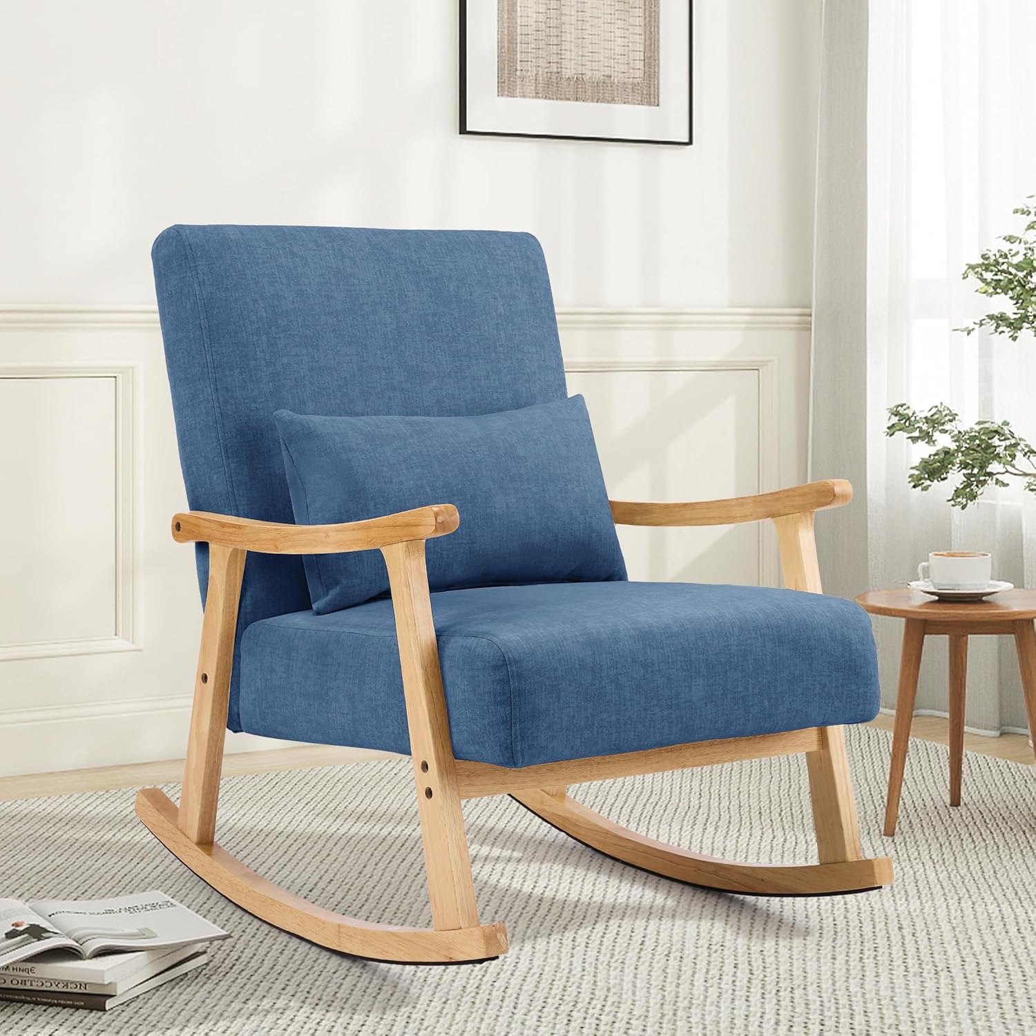 Mid-Century Modern Schaukelstuhl, Schaukelsessel mit Lendenkissen, Gepolsterter Stillsessel mit Holzarmlehnen & Holzbeinen, Bequemer Sessel für Wohnzimmer, Schlafzimmer & Babyzimmer, Blau