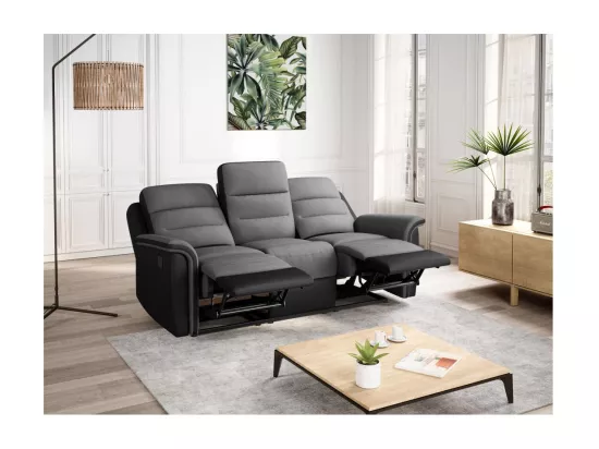 Ensemble canapé relax manuel Léon 3 places + fauteuil manuel en microfibre et simili Gris/noir - Loungitude