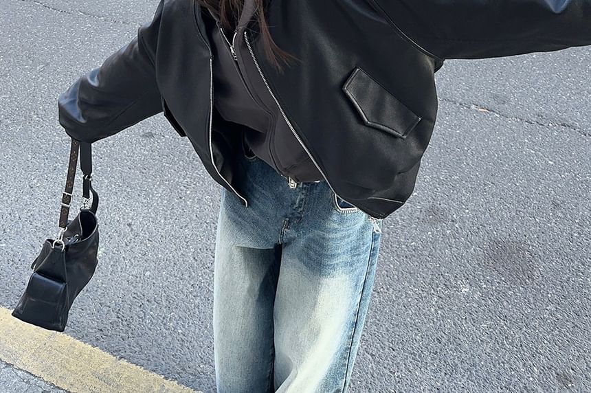 Joyciful - Effen hoodie met rits / Bomberjack van imitatieleer