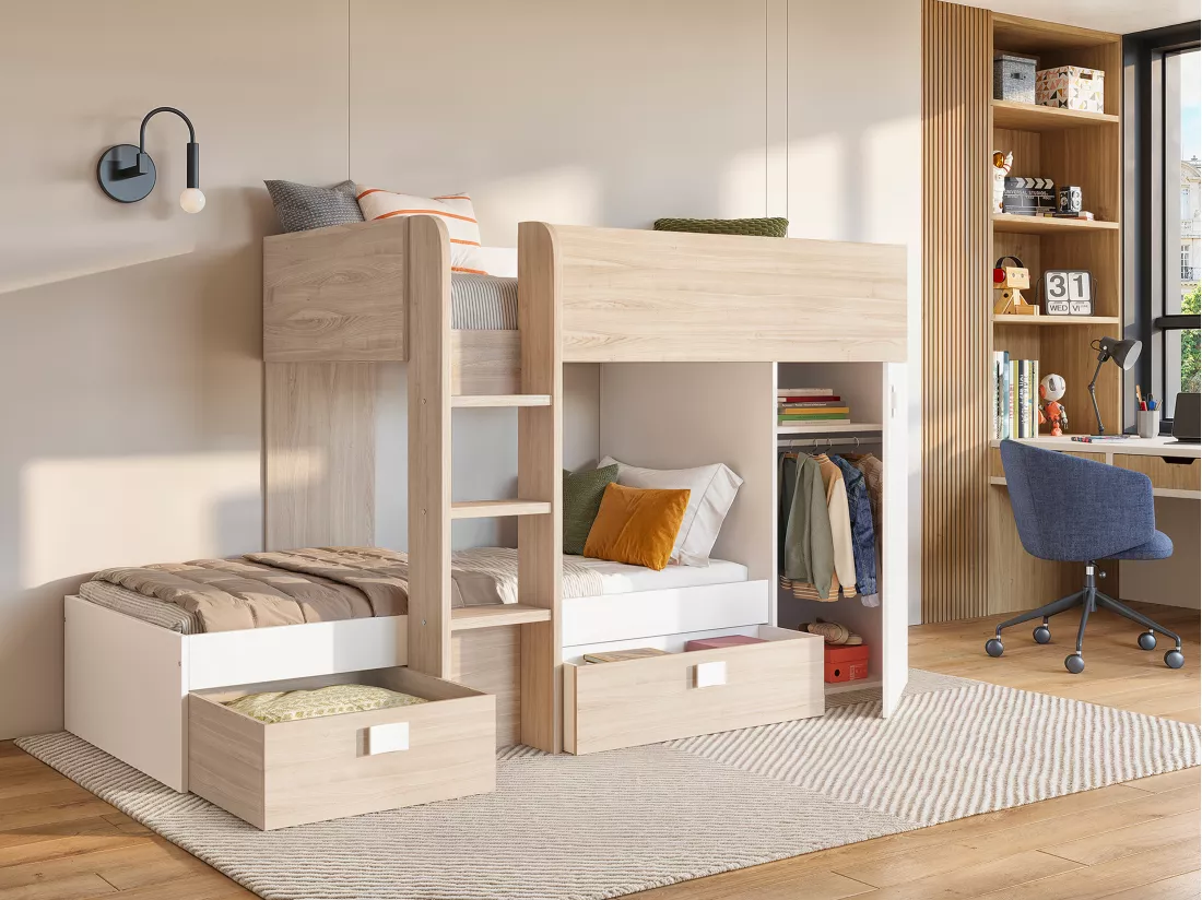 Lits superposés d'angle réversibles RICARDO - 2 x 90 x 190 cm - Rangements intégrés - Chêne et blanc
