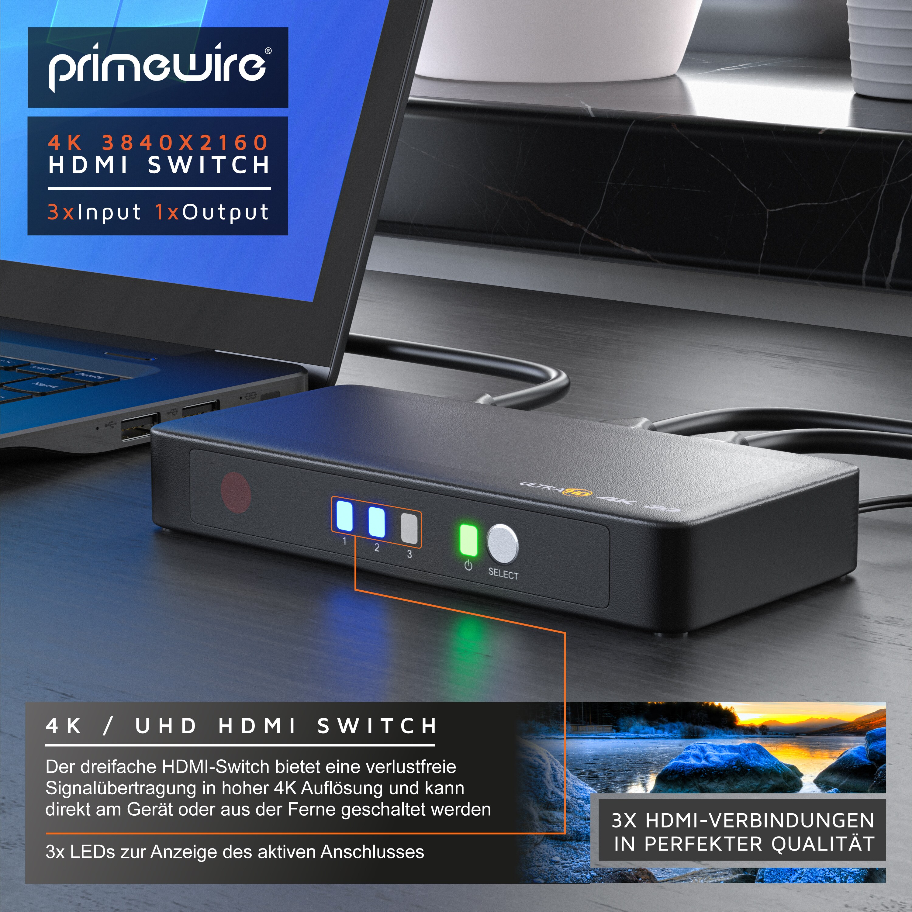Primewire 3-Port 4k HDMI Switch mit Fernbedienung 3x HDMI Eingänge / 3D + CEC / 2160p 30Hz