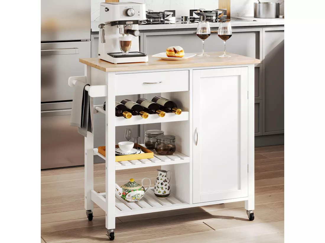 Desserte de cuisine, 3 niveaux, avec 4 roues et porte-serviettes, 1 porte et 1 tiroirs, îlot central cuisine, 80x40.5x80CM