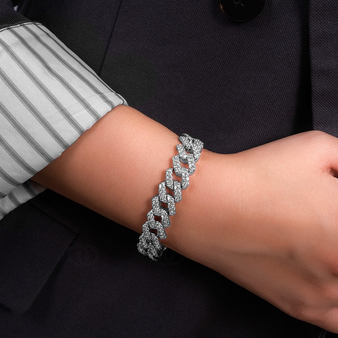 12mm Prong Cuban Link Panzerarmband Weiss vergoldet mit Zirkonia
