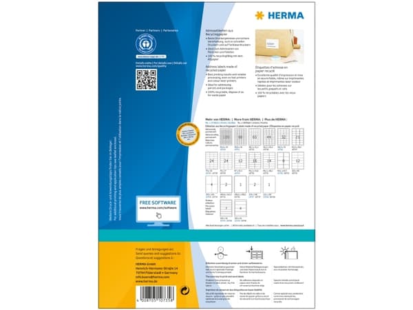 HERMA 10735, Hvit, Selvklebende skriveretikett, Utstanset etikett, Papir, Laser/Blekkskriver, Permanent