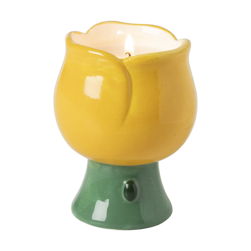 Kaars in bloemenschaaltje klein - geel/groen - ø7.3x10 cm