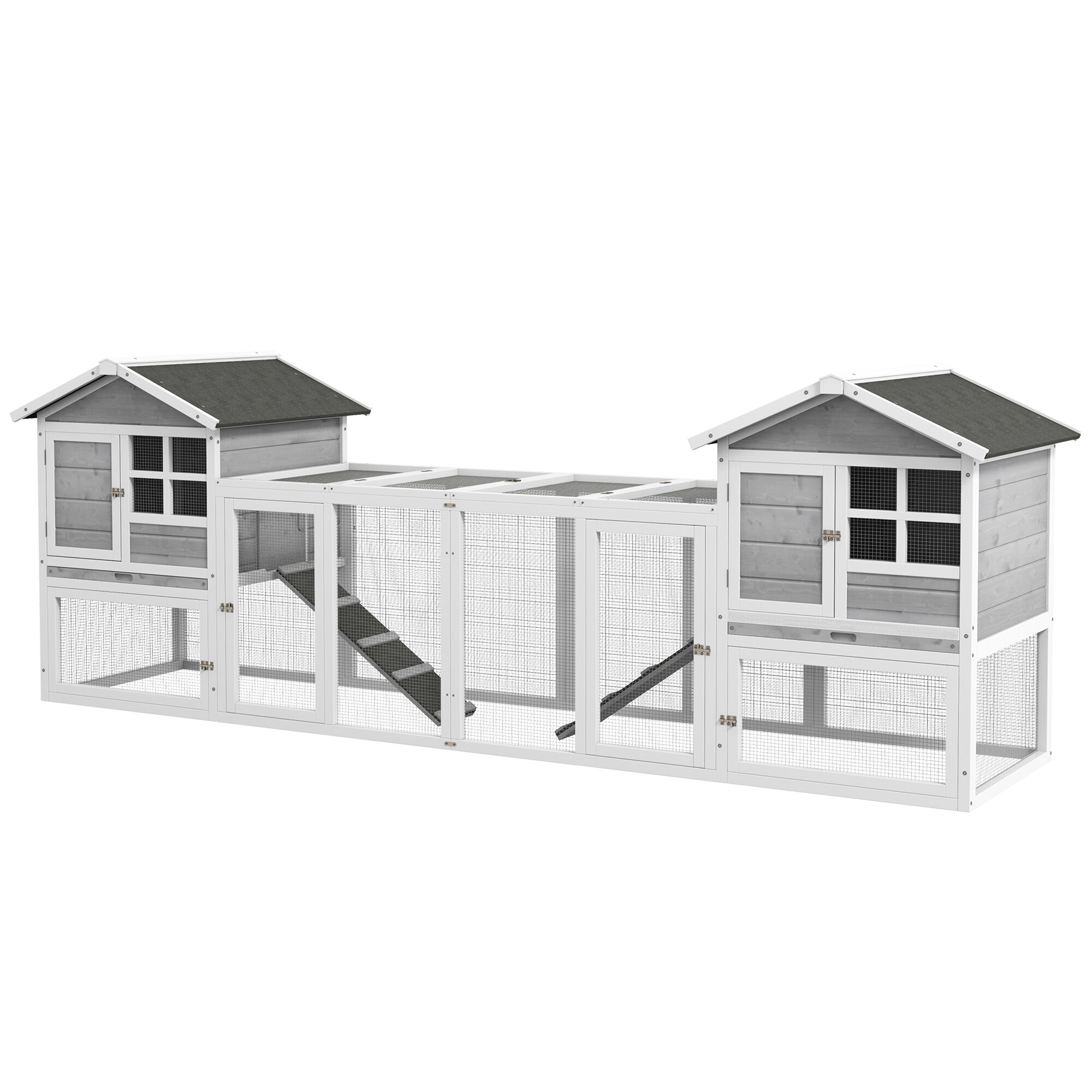 PawHut Kaninchenstall mit herausnehmbarer Bodenwanne grau, weiß 259L x 64B x 92H cm