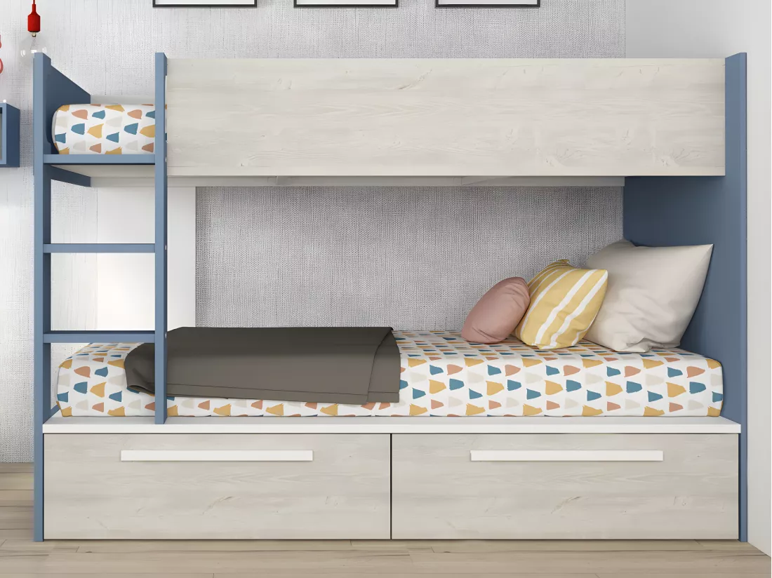 Lits superposés 2 x 90 x 200 cm - 2 tiroirs - Bleu, naturel et blanc + Matelas - TINOLI
