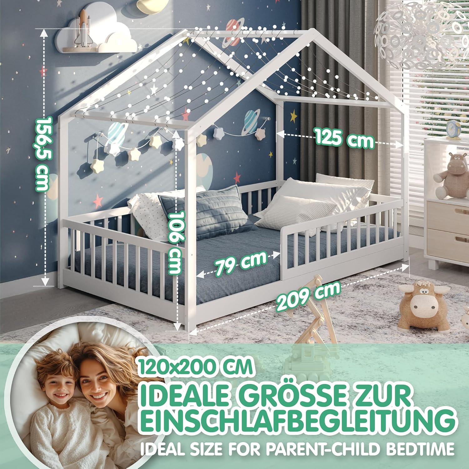 CADANI Malte Kinderbett 120x200 cm – Hausbett mit abnehmbarem Rausfallschutz, bis 200 kg belastbar, Roll-Lattenrost, Montessori Bodenbett aus Massivholz Kiefer, Weiß