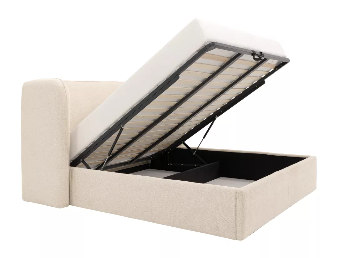 Lit coffre 180 x 200 cm avec tête de lit incurvée - Avec LEDs - Tissu - Beige - STOKALI