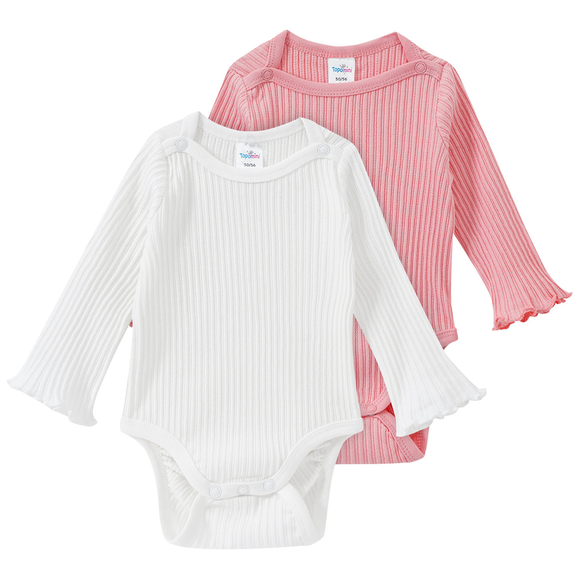 Topomini 2 Baby Langarmbodys mit Rippstruktur weiss / rosa