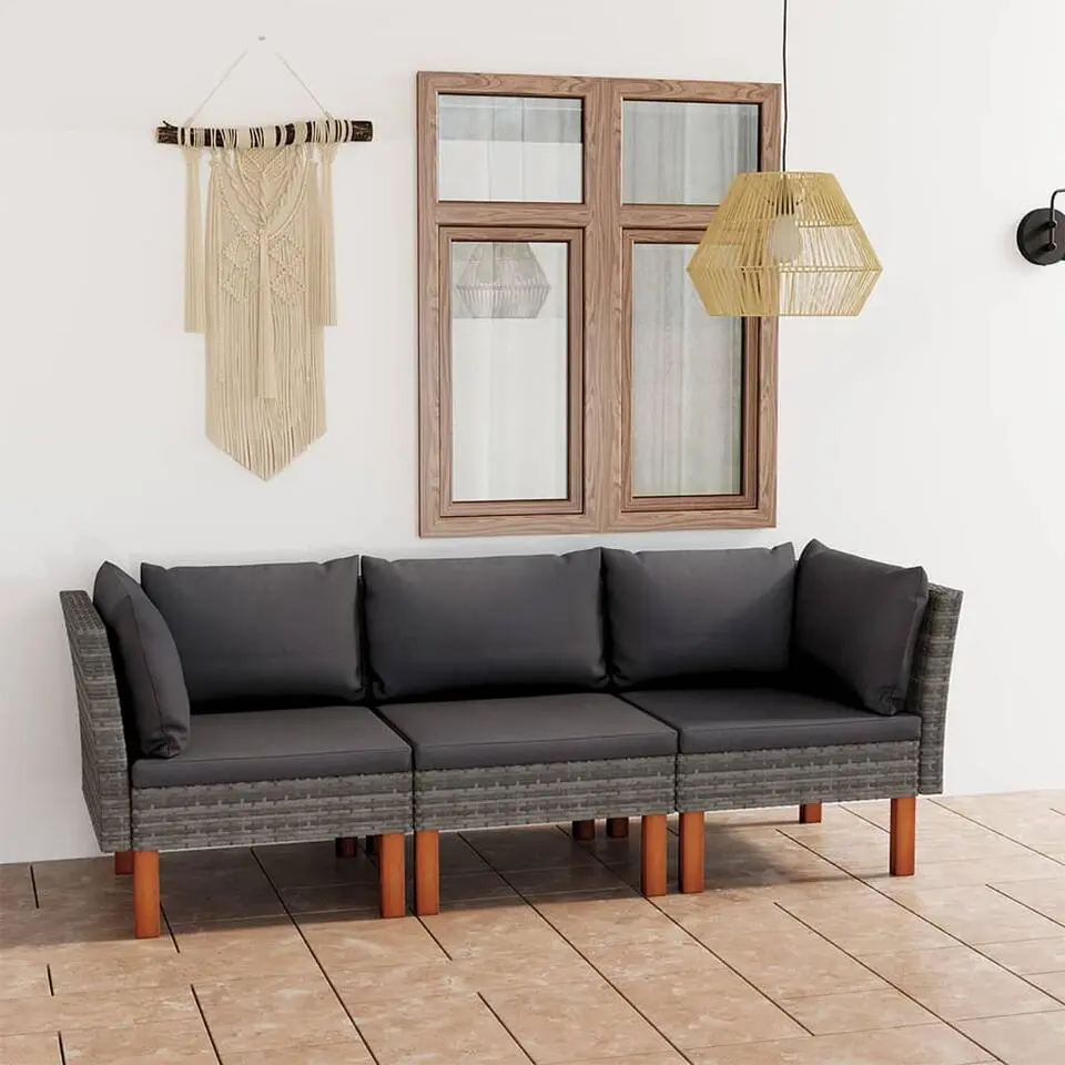 vidaXL - Tuinbank 3-sits - Grijs - Rattan - Met kussens
