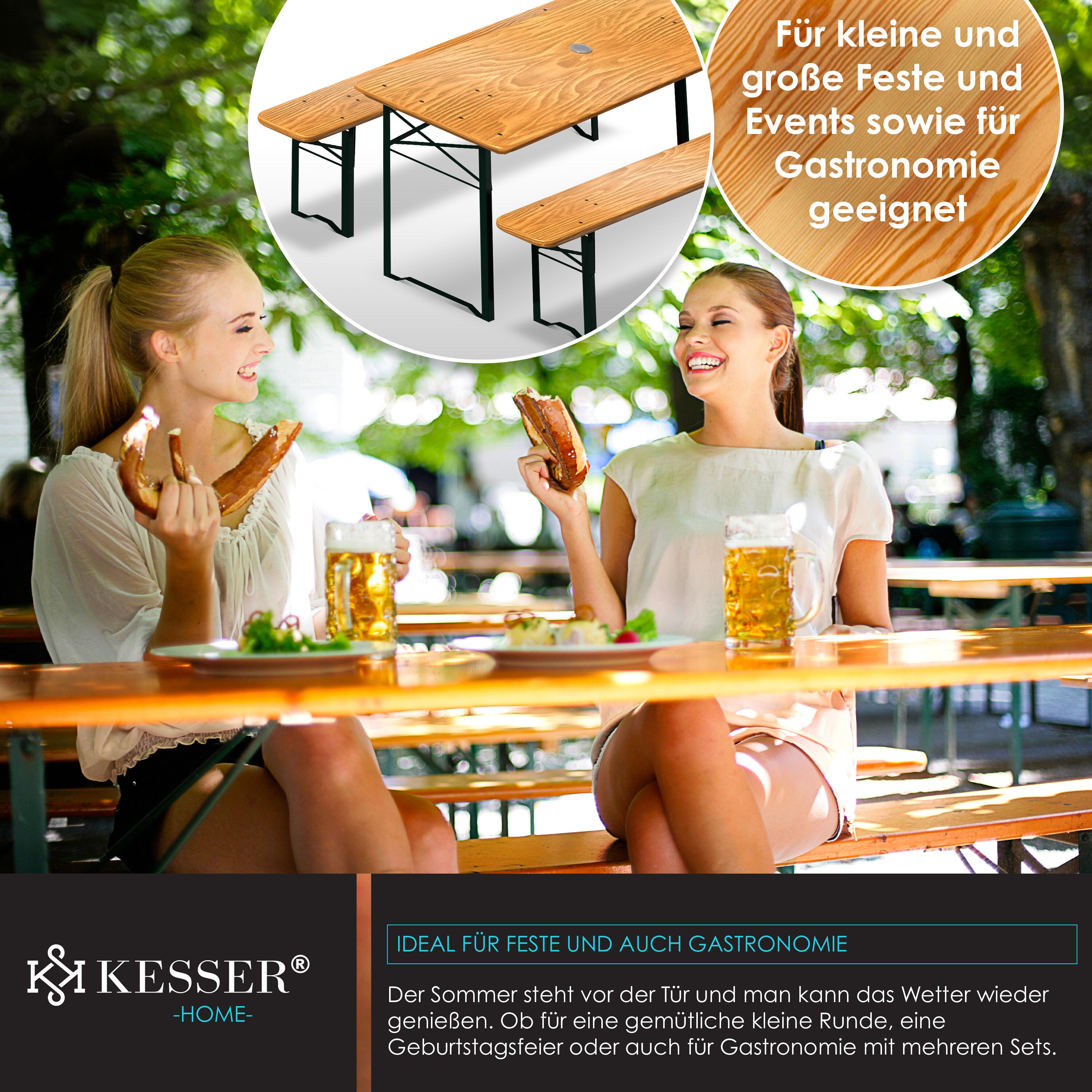 KESSER® Bierzeltgarnitur 3 teilig Gartenmöbel-Set | Klappbar 170 x 46 x 75cm | 2X Bierbänke 1x Biertisch | Festzeltgarnitur Biertisch Stehtisch Sitzgarnitur Holz 12-teiliges Bodenschoner-Set