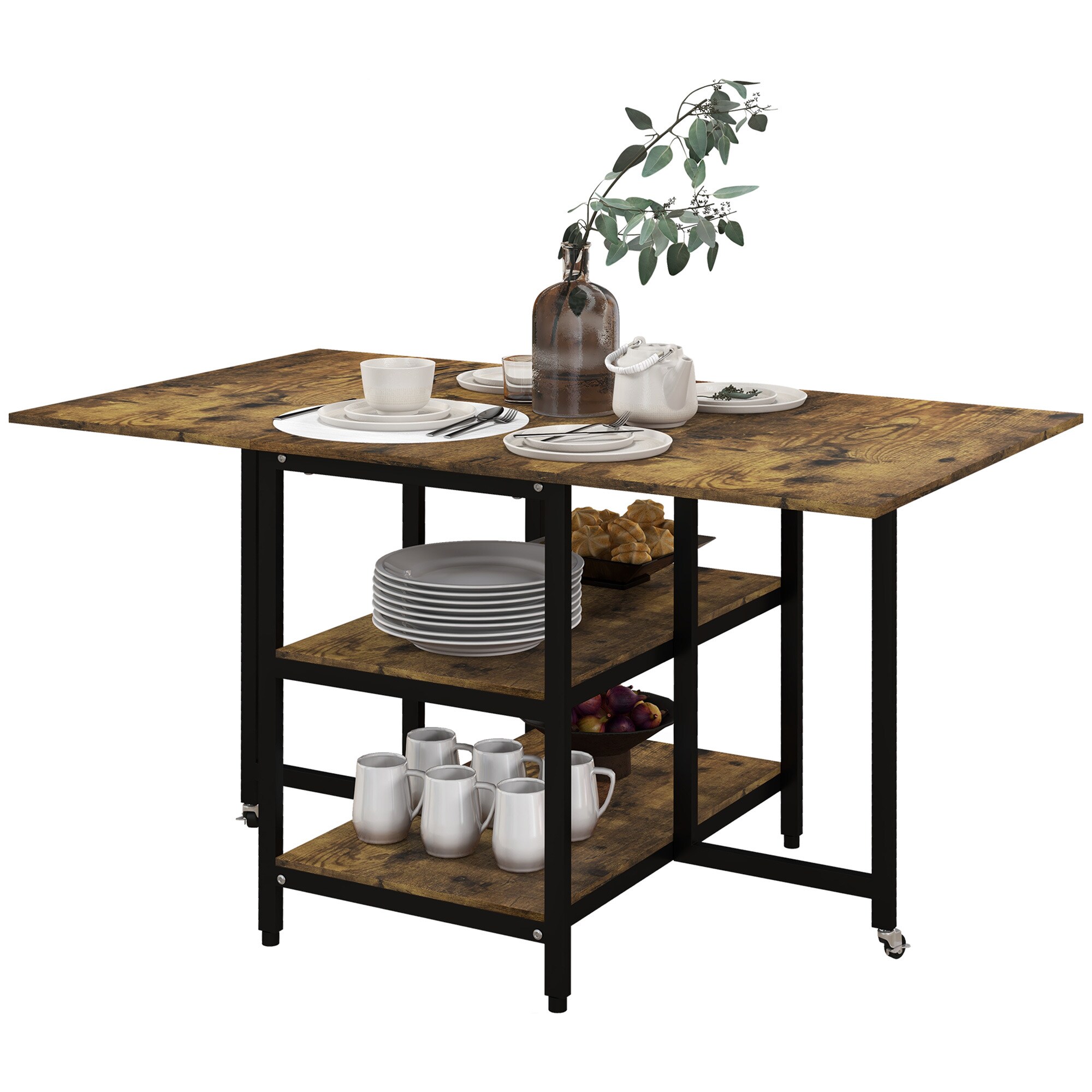 HOMCOM Klappesszimmertisch mit Rollen und 2 Ablageebenen braun 140L x 80B x 75H cm