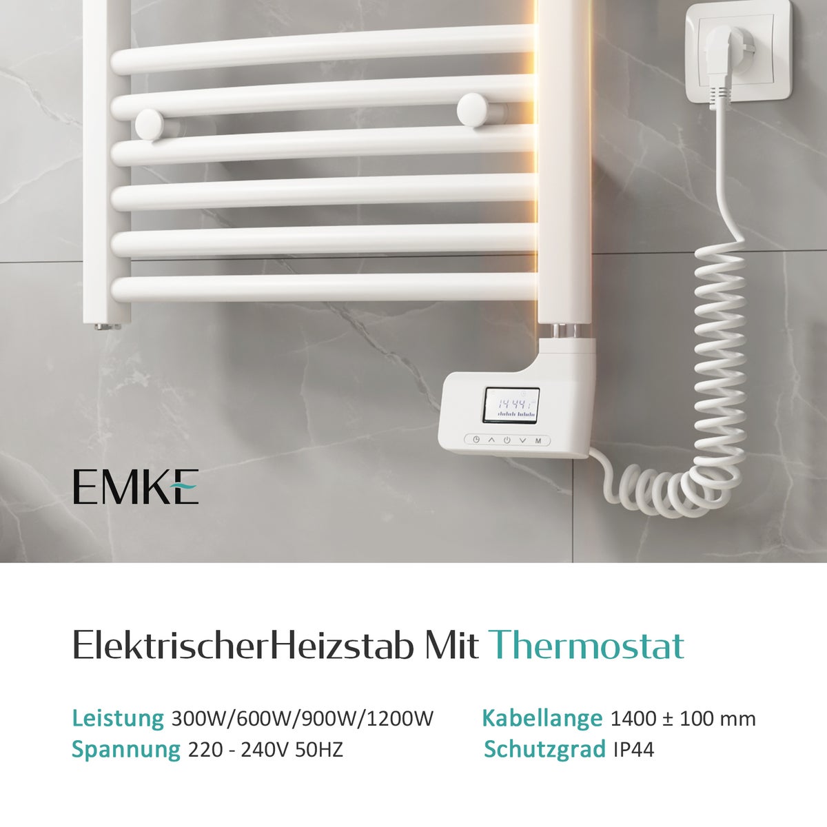 EMKE Verwarmingselement met thermostaat en LCD-scherm 300W, Verwarmingselement met thermostaat voor badkamerradiatoren, Verwarmingspatroon IP44 Wit