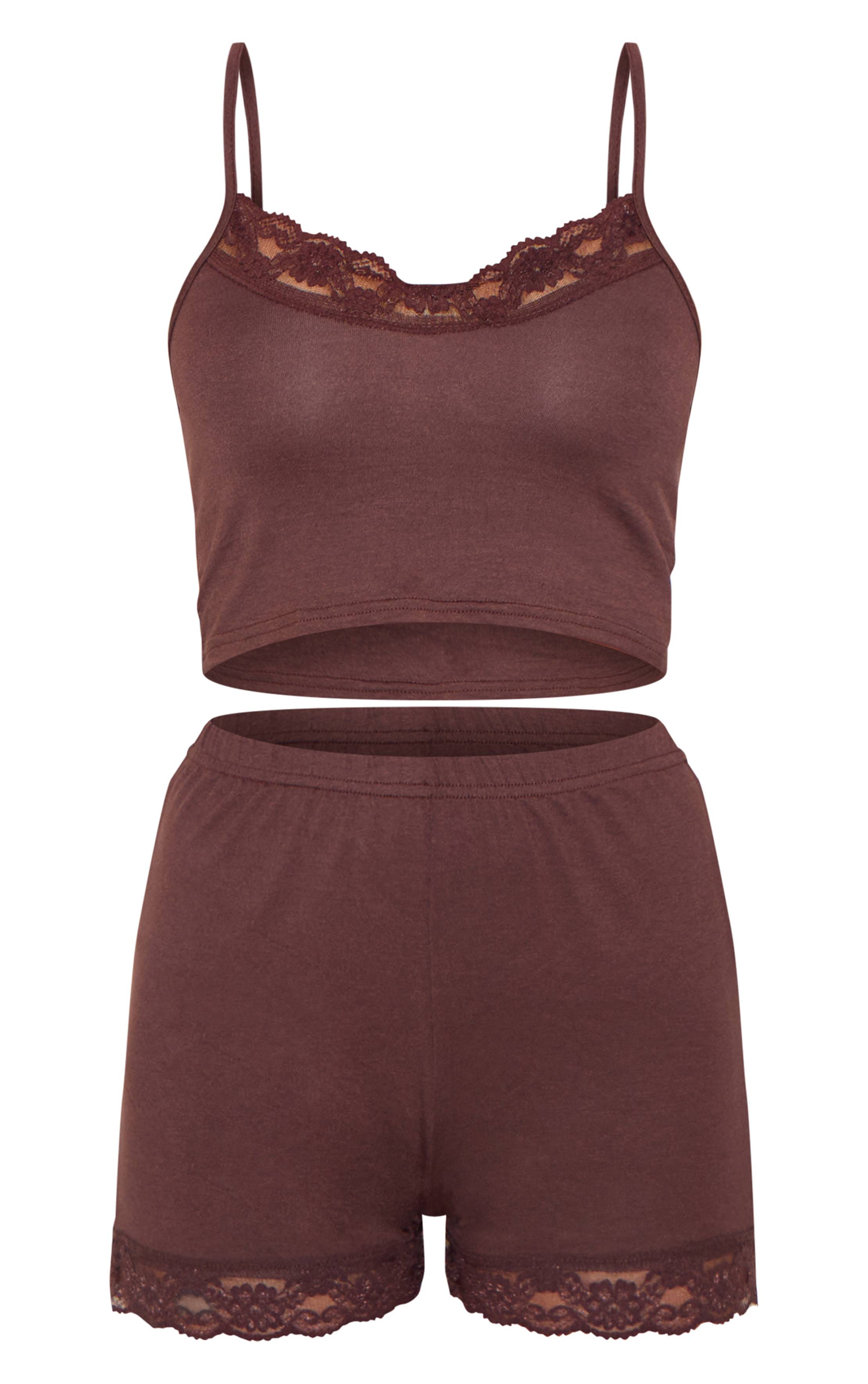 Chocolat Ensemble Pyjama Court Avec Imprimé Nœuds Et Dentelle