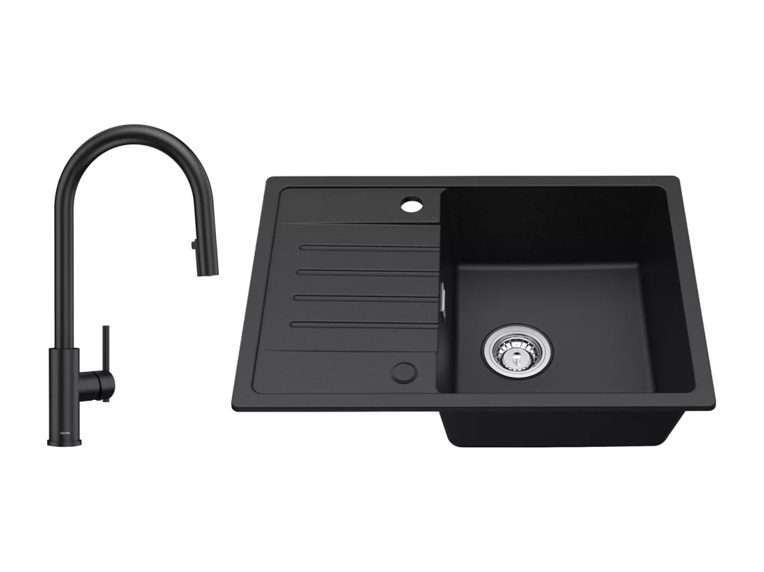 Evier 1 Bac avec Egouttoir, Evier en Quartz et résine Noir 65x45cm + Mitigeur de Cuisine Avec Douchette Extractible, 2 Modes de Sortie D'eau, Noir