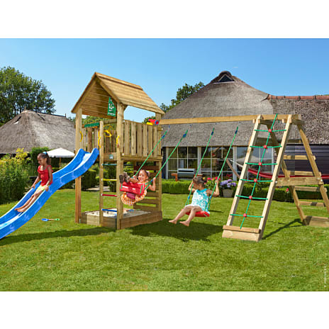 Jungle Gym Cabin 2.1 legetårn inkl. klatremodul, rutsjebane og 120 kg sand