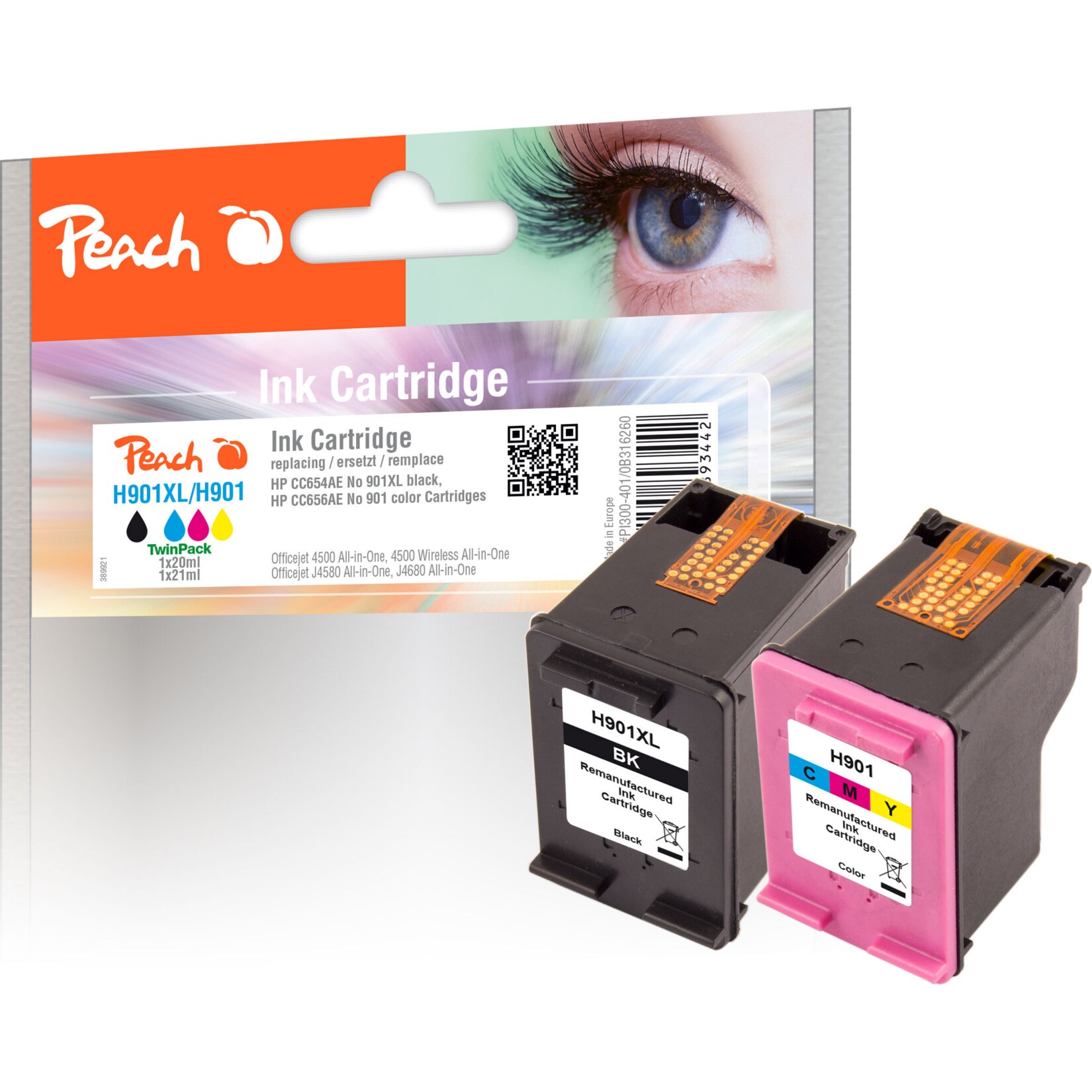 Peach HP 901 XL 2 Druckköpfe XL (bk, col) ersetzt HP No. 901XL, CC654AE, CC656AE für z.B. HP OfficeJet 4500, HP OfficeJet 4500 Wireless (wiederaufbereitet)