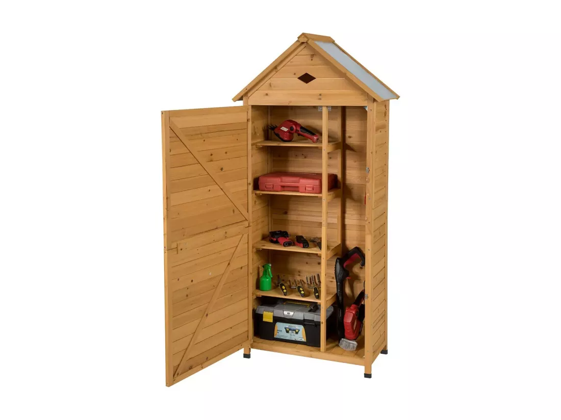 Abri de Jardin Extérieur en Bois de Sapin à 5 Etagères, 70 x 35,5 x 176 CM, Cabane de Rangement Verrouillable pour Outils de Jardin avec 5 Etagères, Tôle Galvanisé