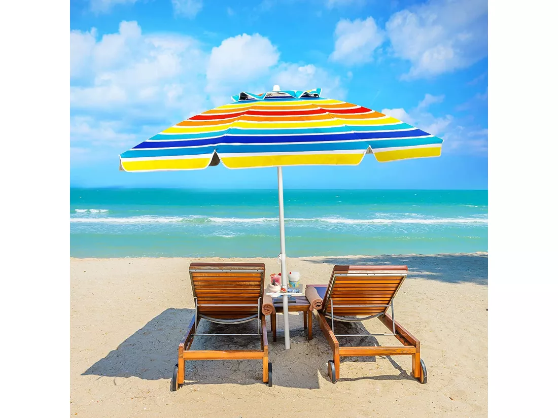 Parasol Pliable 2,2M Mécanisme Inclinable 30° avec Porte-Gobelet Fixation pour Sable Protection UPF50+ Portable Extérieur Arc-en-Ciel
