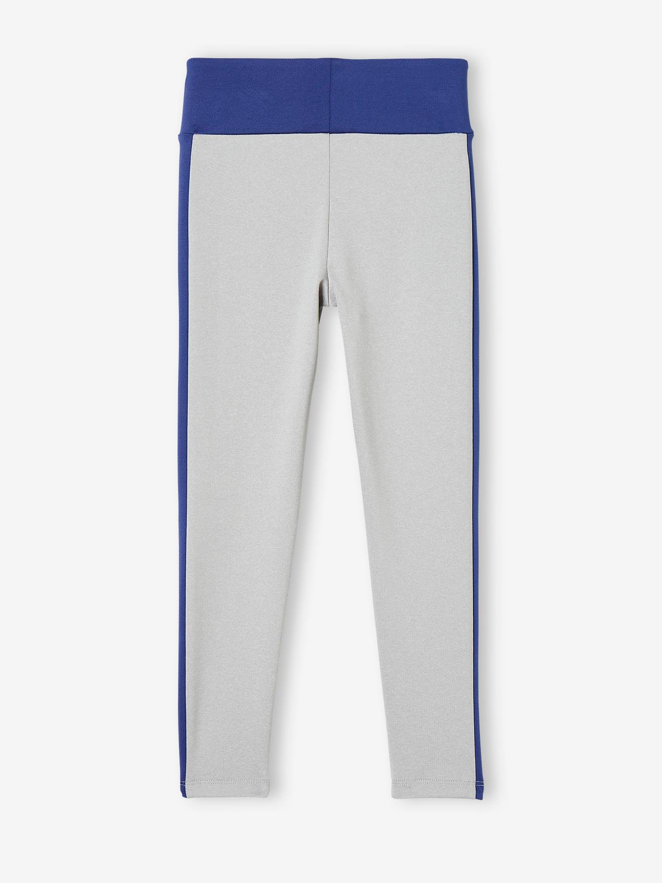 Leggings esportivas femininas em tecido técnico com listras laterais, cinza mesclado.
