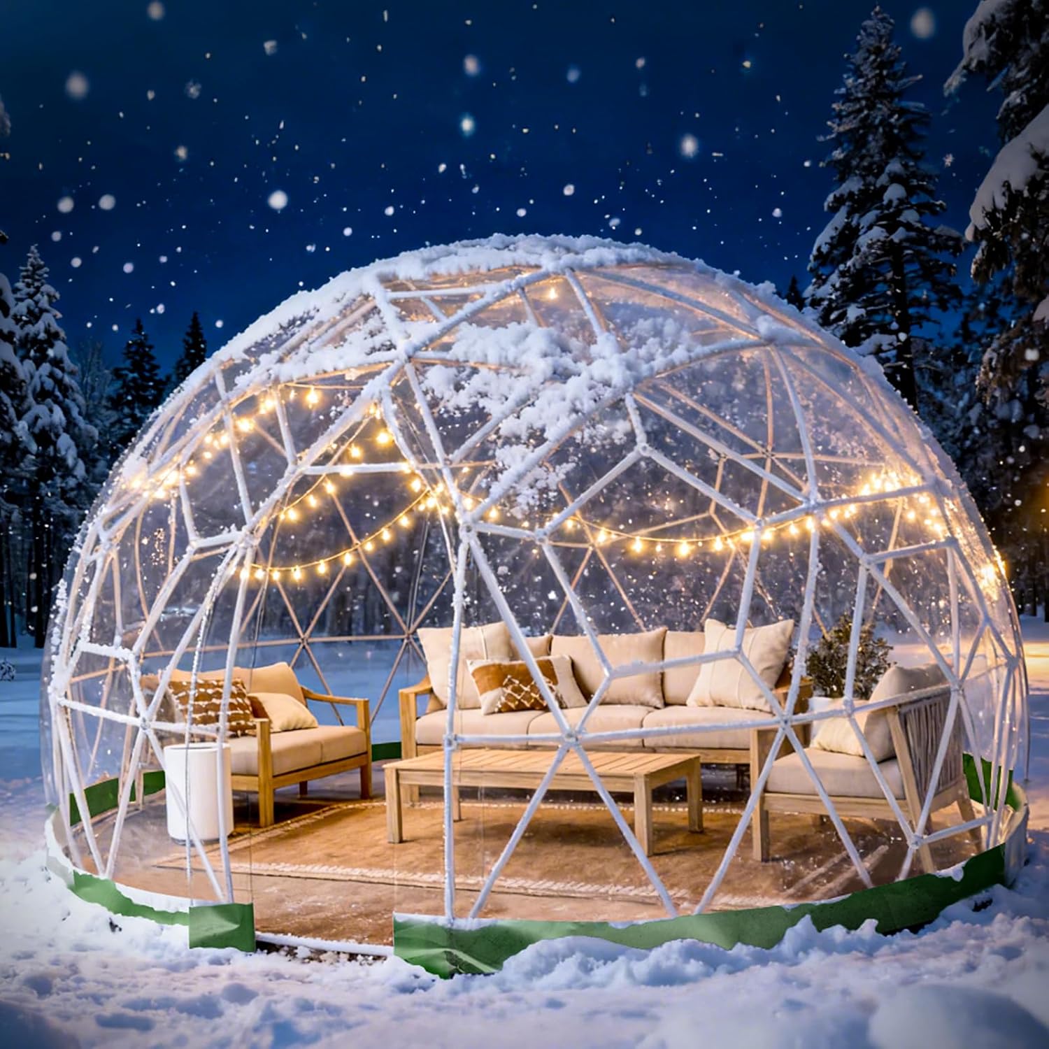 2.9 x 1.8m Gewächshaus Gartenkuppel Igloo,Gartenkuppel TPU Blasenzelt für 2-4 per,Gartenblasenzelt mit 2 Lichterketten, Durchsichtiges Kuppelzelt für Hinterhof,Party,Weihnachten,Hochzeiten