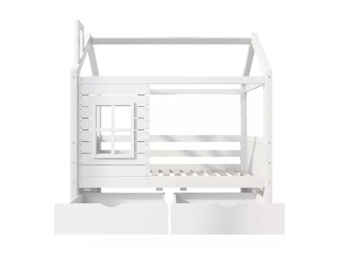 Lit cabane 80x160 cm avec 2 tiroirs - en forme de maison - en bois massif - Blanc