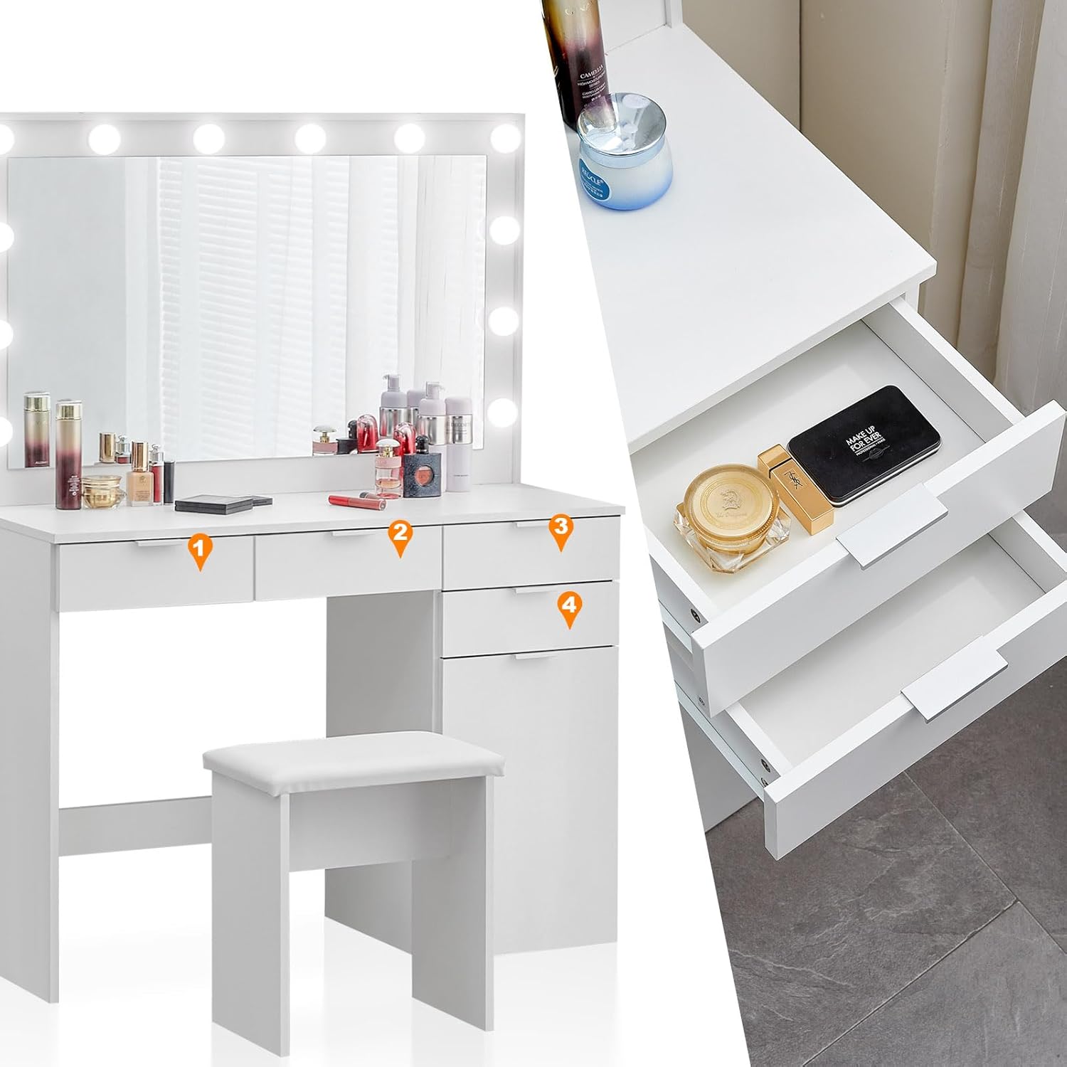TUKAILAI Schminktisch mit LED Beleuchtung und Hocker Frisiertisch mit Große Spiegel 3 Farben mit Einstellbarer Helligkeit, Kosmetiktisch mit 4 Schubladen, Weiß, 105x40x140 cm