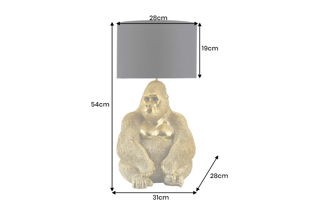 Handgefertigte Tischlampe KING APE 55cm gold schwarzer Stoffschirm Gorilla-Skulptur
