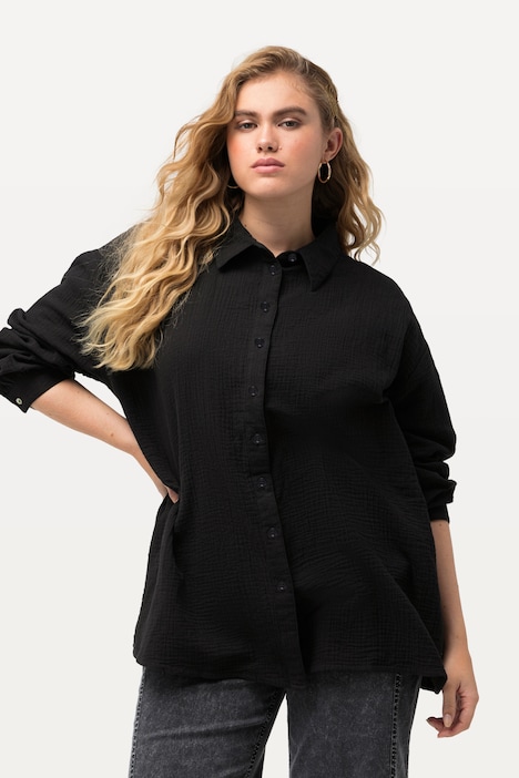 Musselin-Hemdbluse, Oversized, Hemdkragen, Langarm