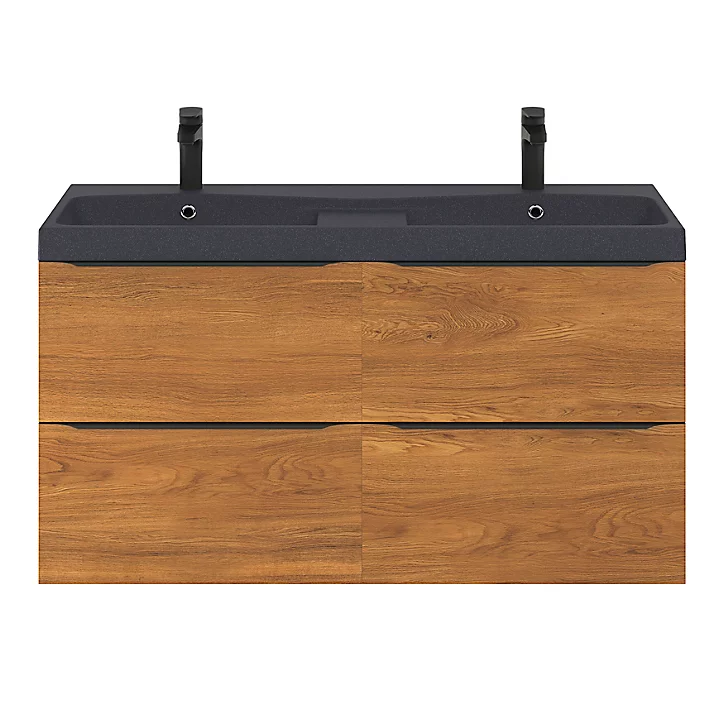Ensemble salle de bains l.120 cm meuble à suspendre Imandra décor noyer + plan double vasque résine noir