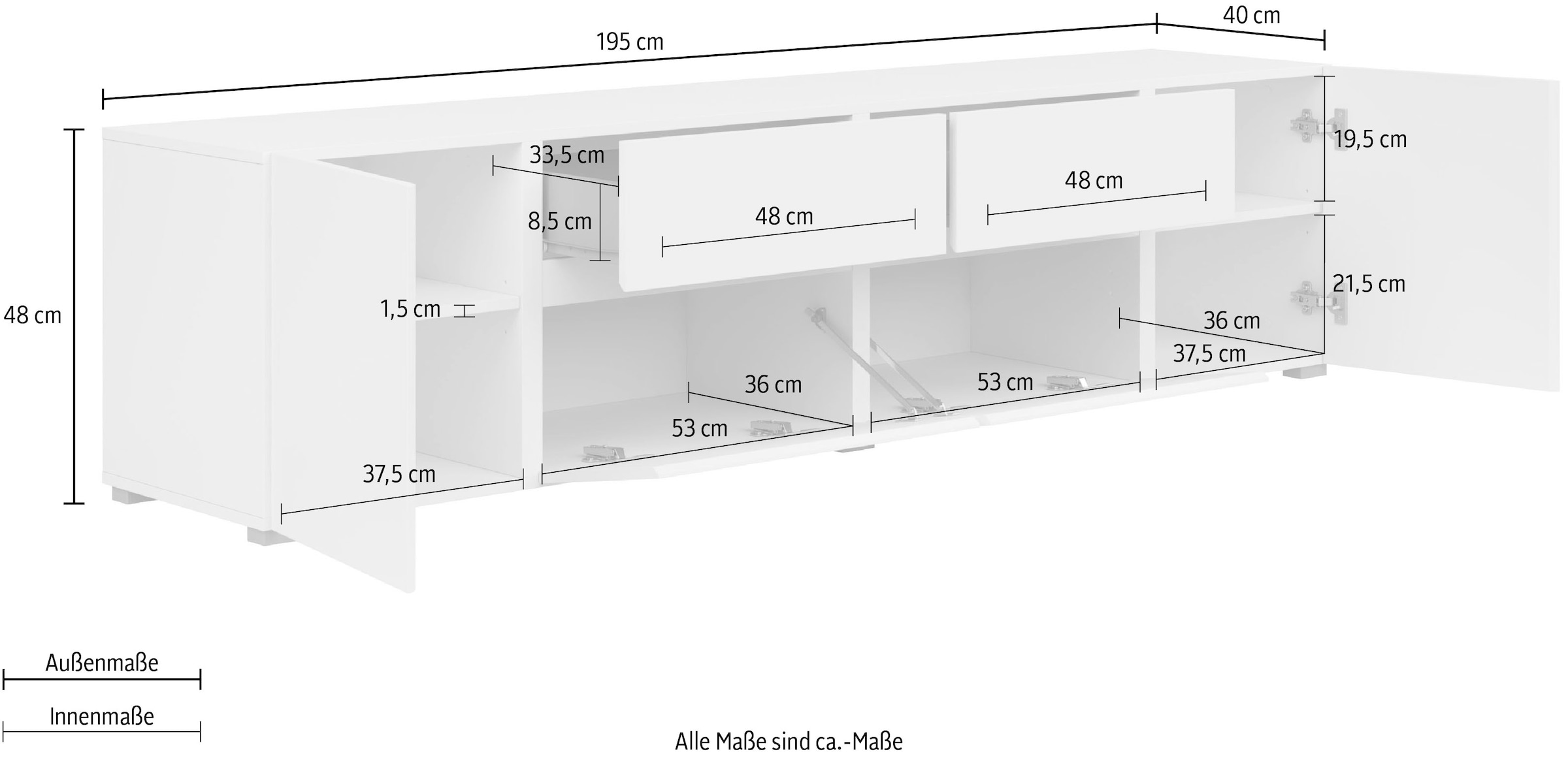 INOSIGN Lowboard »Metric,Breite 195cm, grifflose Lowboard 2Klappen/2Schubkästen/2Tür« TV-Schrank mit viel Stauraum, TV-Board