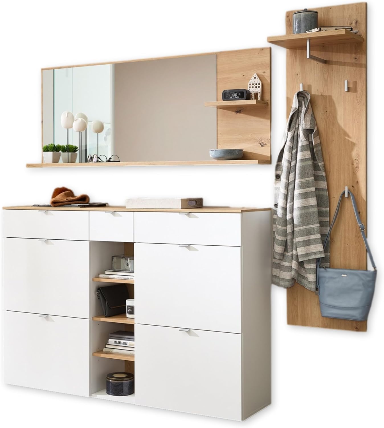 BARI Flurgarderoben Set in Weiß, Artisan Eiche Optik FSC-Zertifiziert - Modernes Garderobenset 3-teilig für Ihren Eingangsbereich - 208 x 202 x 38 cm (B/H/T)
