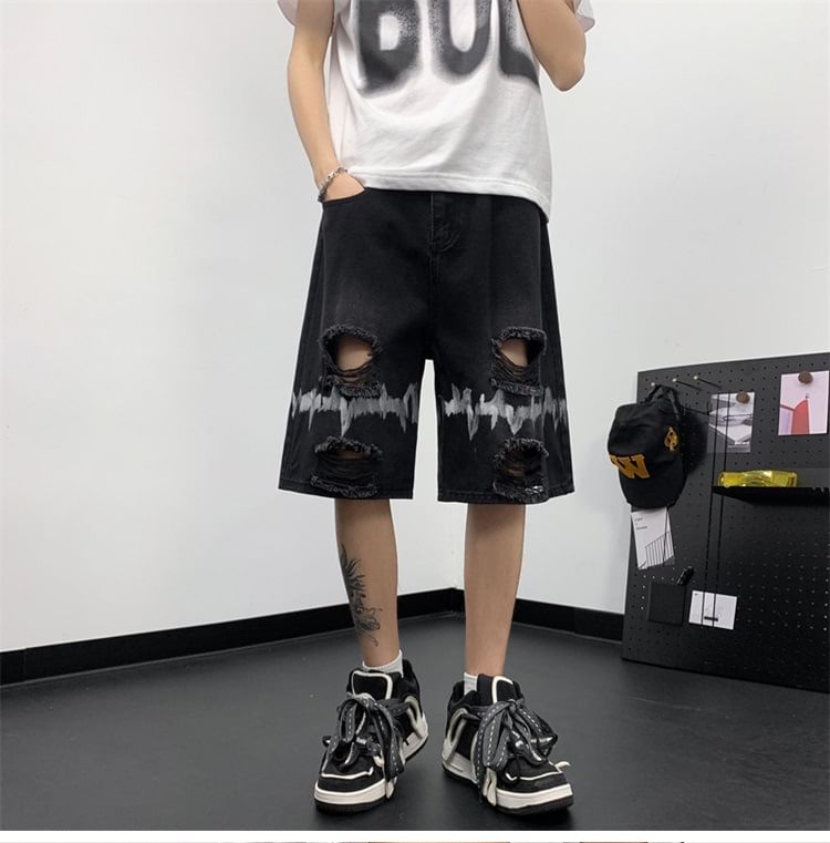Hushgrain - Mid Rise Print Distressed Washed Denim Shorts