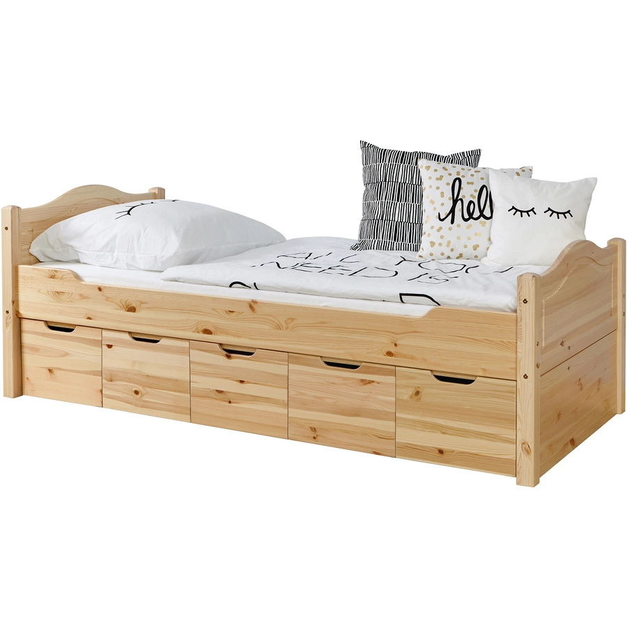 TiCAA Einzelbett Leni 90 x 200 cm Kiefer natur mit 5 Schubladen