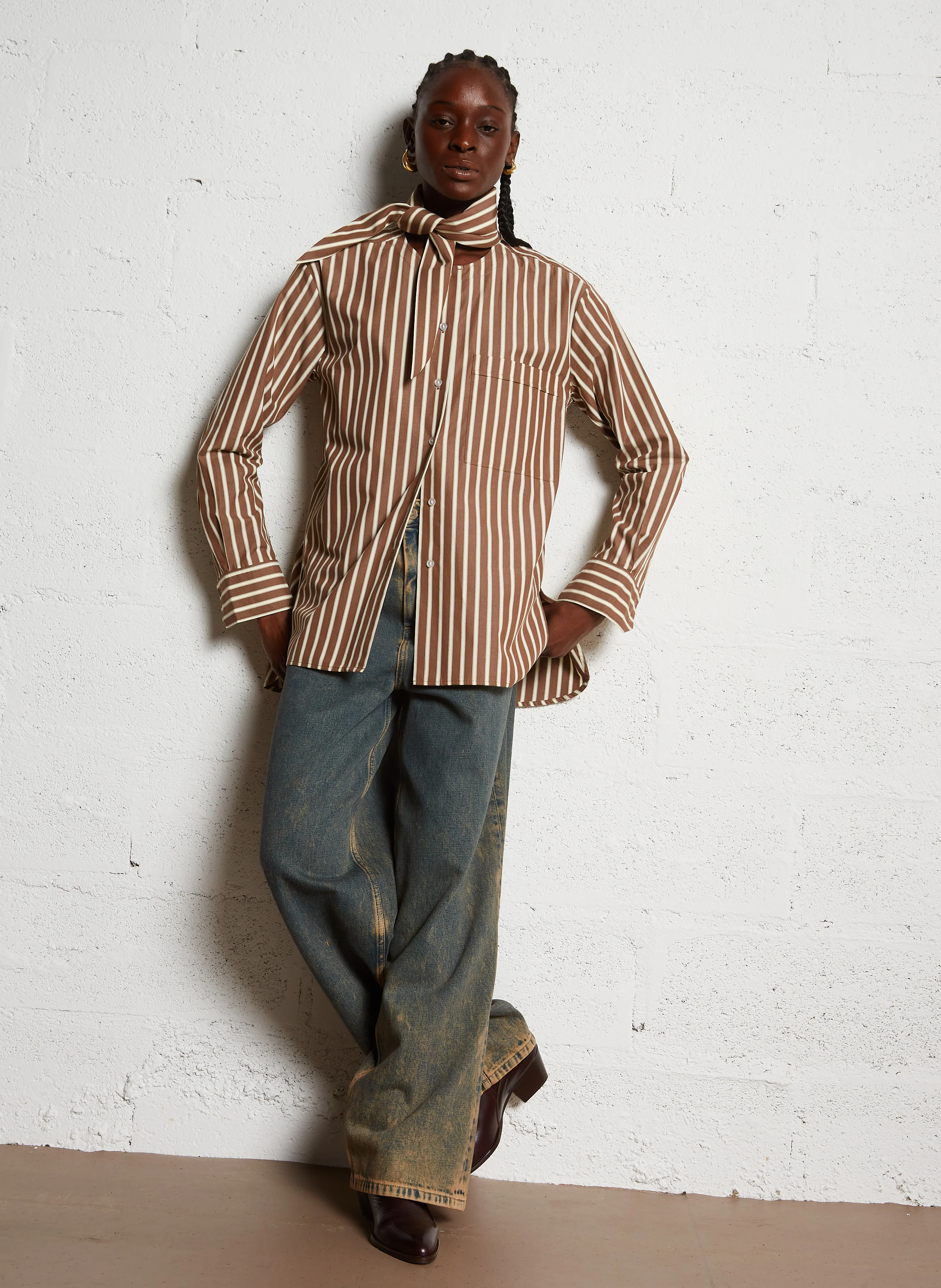 CUMAA - Chemise ample col amovible en coton rayé | Marron