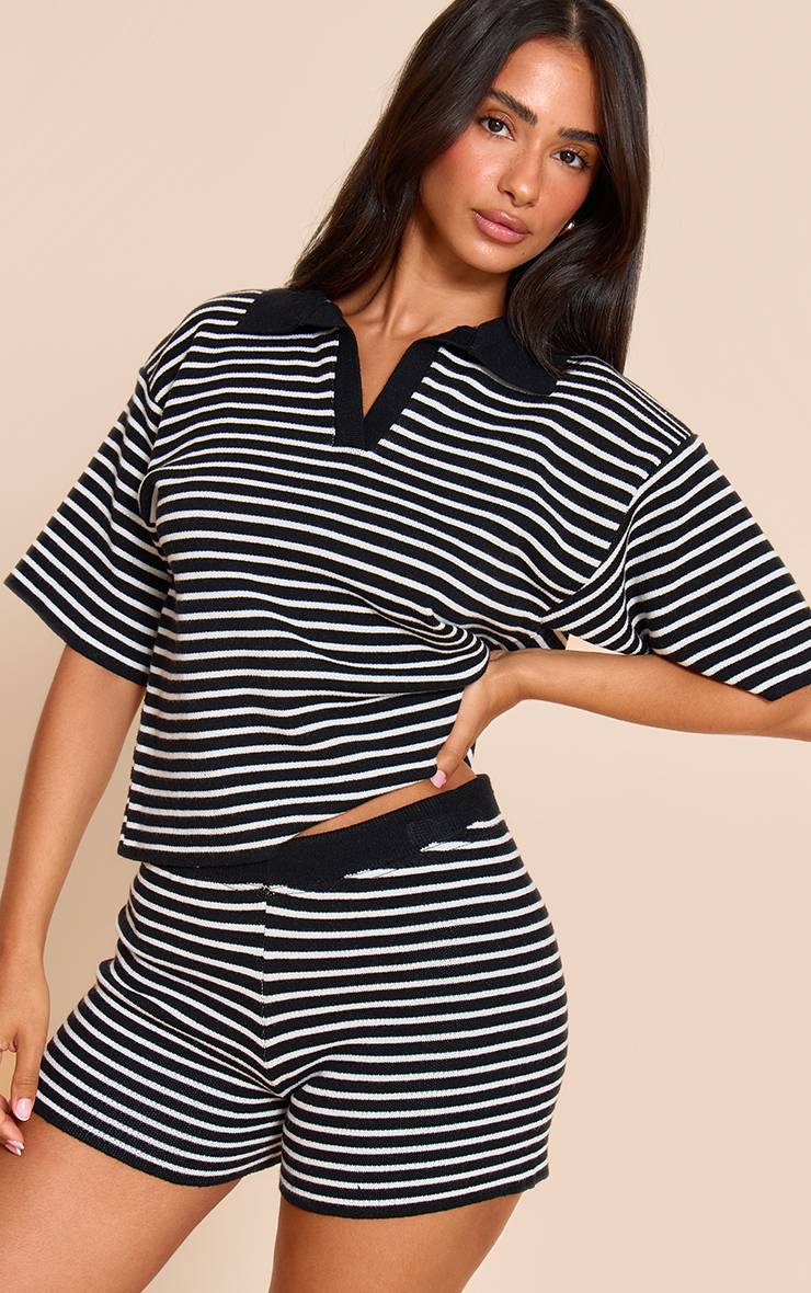 Noir Haut Oversize À Col Rayé En Maille Petite